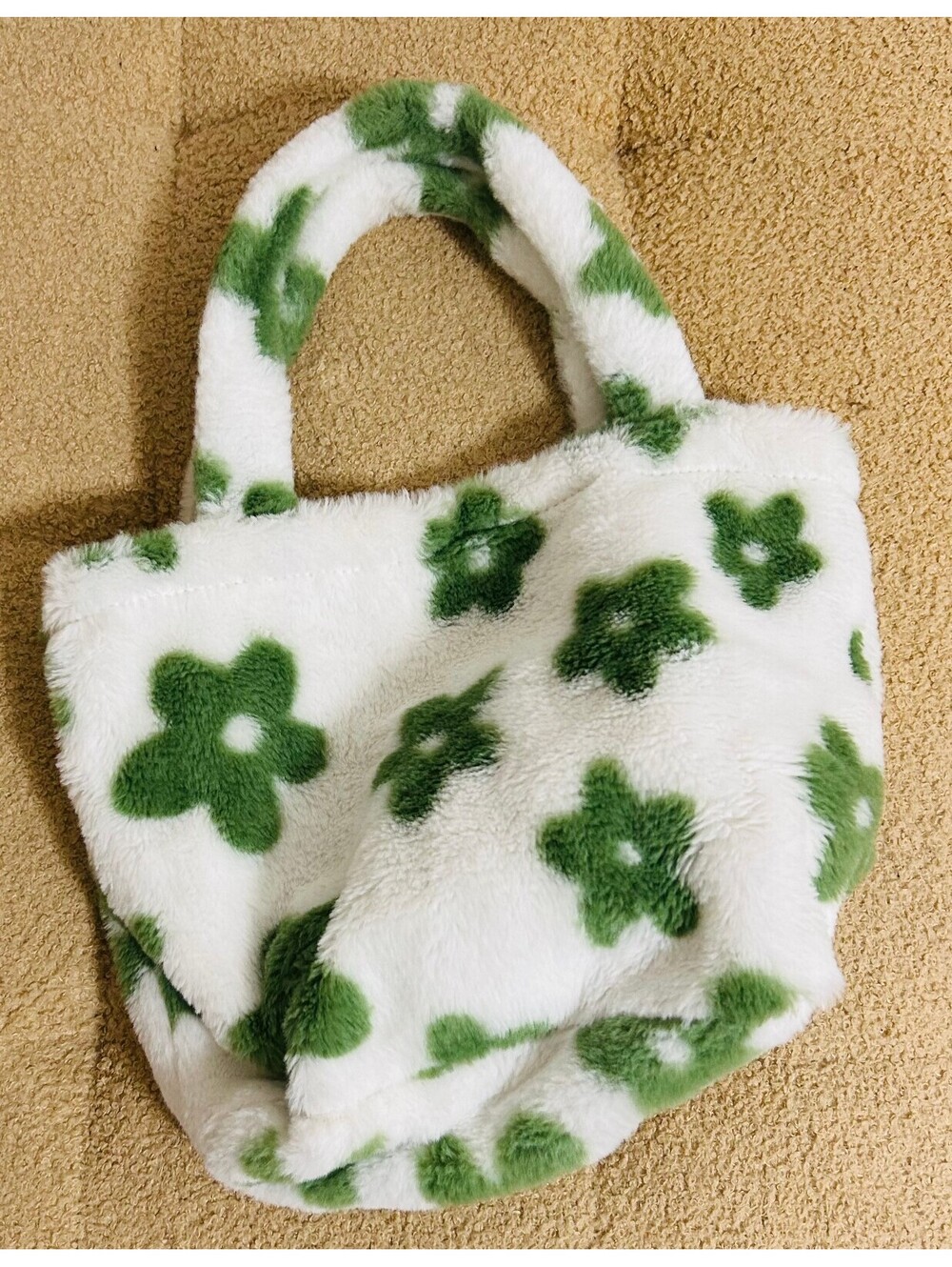 Fuzzy Faux Fur Tote Bag White Green Flower Print Plush Shoulder Bag Y2K Cute